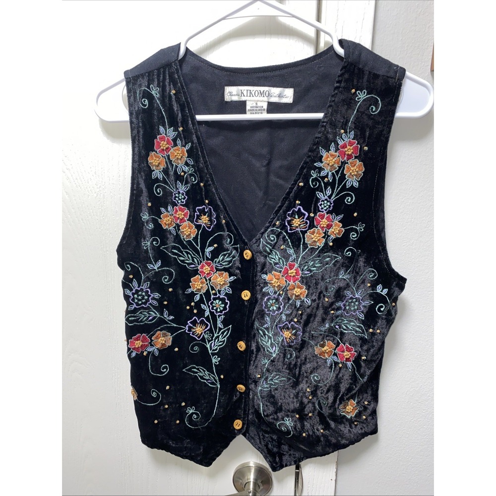 Kikomo Rayon Wood Beaded Boho Vest Velour Small Vintage Embroidered